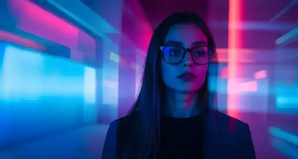 Mujer mirando hacuia el futuro en un ambiente tech