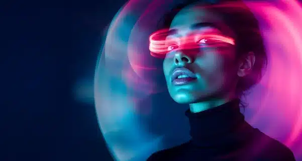 Mujer rodeada de luces energéticas
