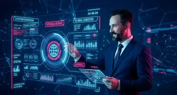 Hombre executive trabajando con datos en una pantalla holográfica